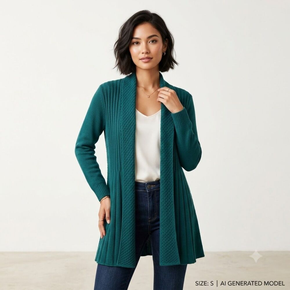 Notations Teal Longline textured Open-Front Knit Swing Cardigan Sweater SZ S